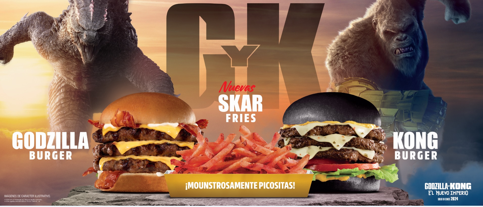 ¡Están de regreso en Carls Jr.  y no vienen solos!  Godzilla Burger y Kong Burger, se enfrentan a las nuevas Skar Fries