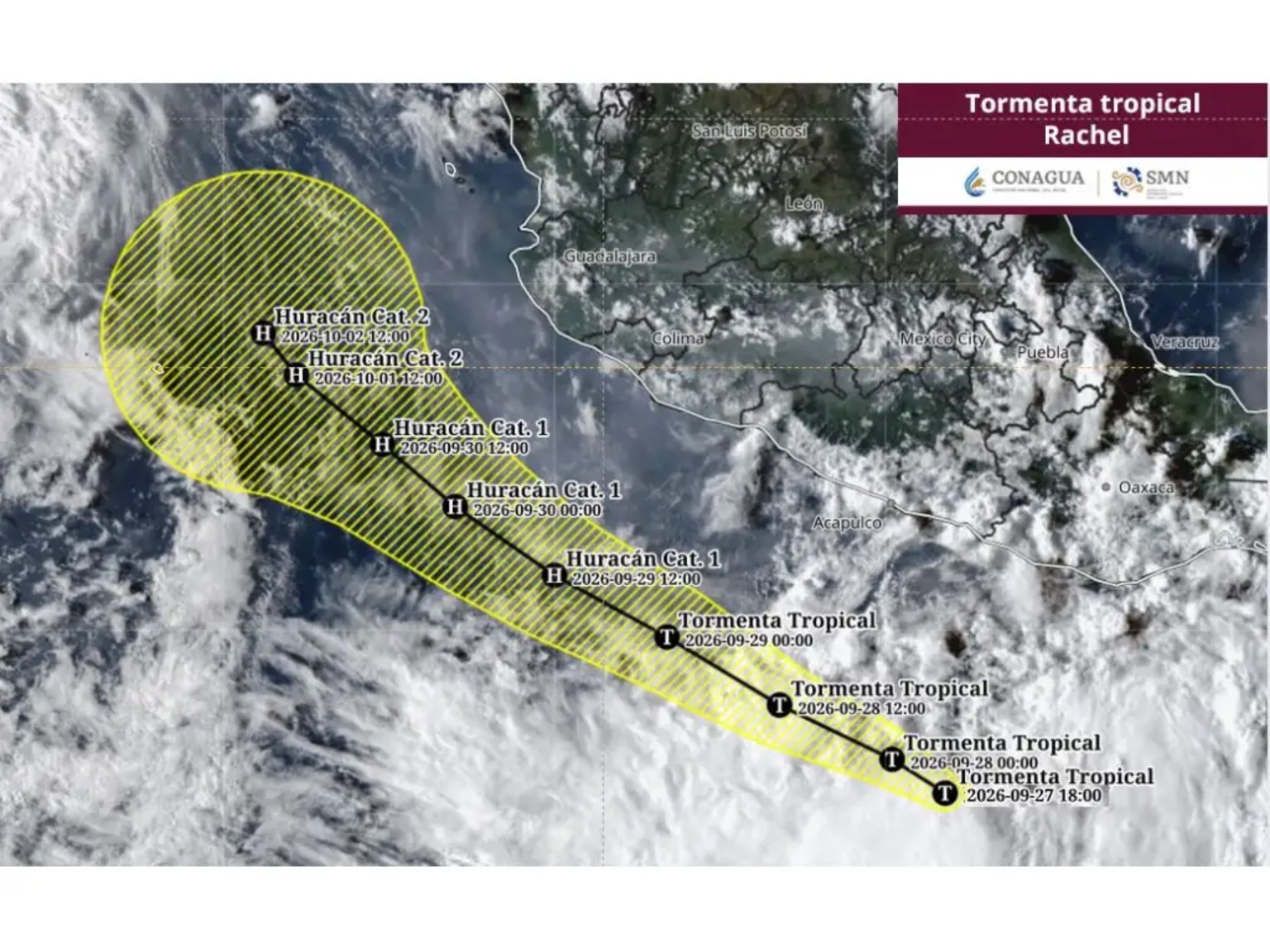 Trayectoria pronosticada de la tormenta tropical Rachel en el océano Pacífico