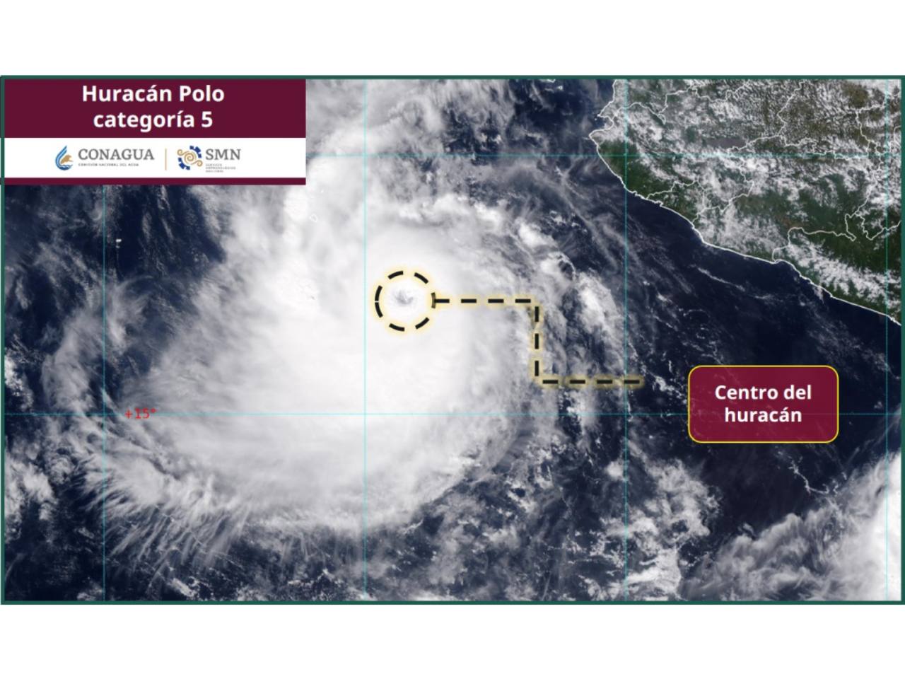 Imagen satelital del huracán Polo en el Pacífico con su centro señalado y el rótulo categoría 5.