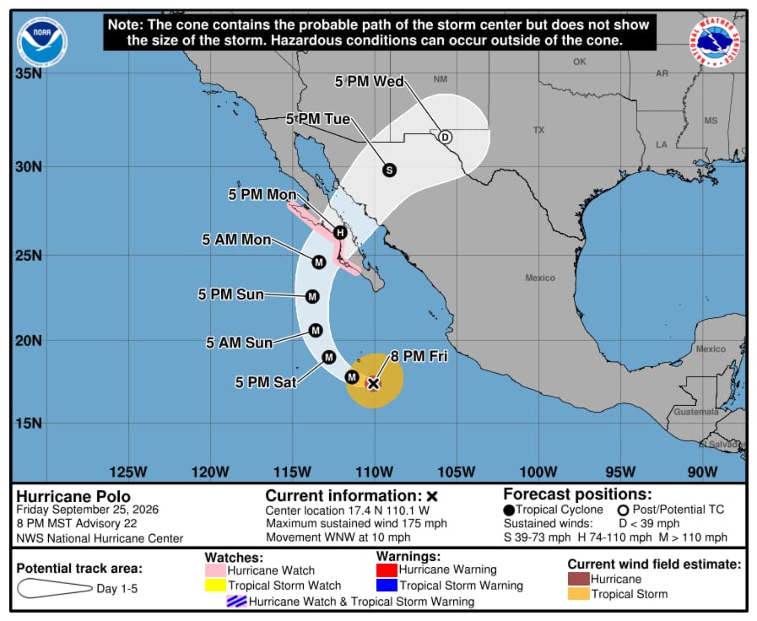 Mapa del NHC del 25 de septiembre de 2026 que muestra la trayectoria probable del huracán Polo hacia Baja California Sur