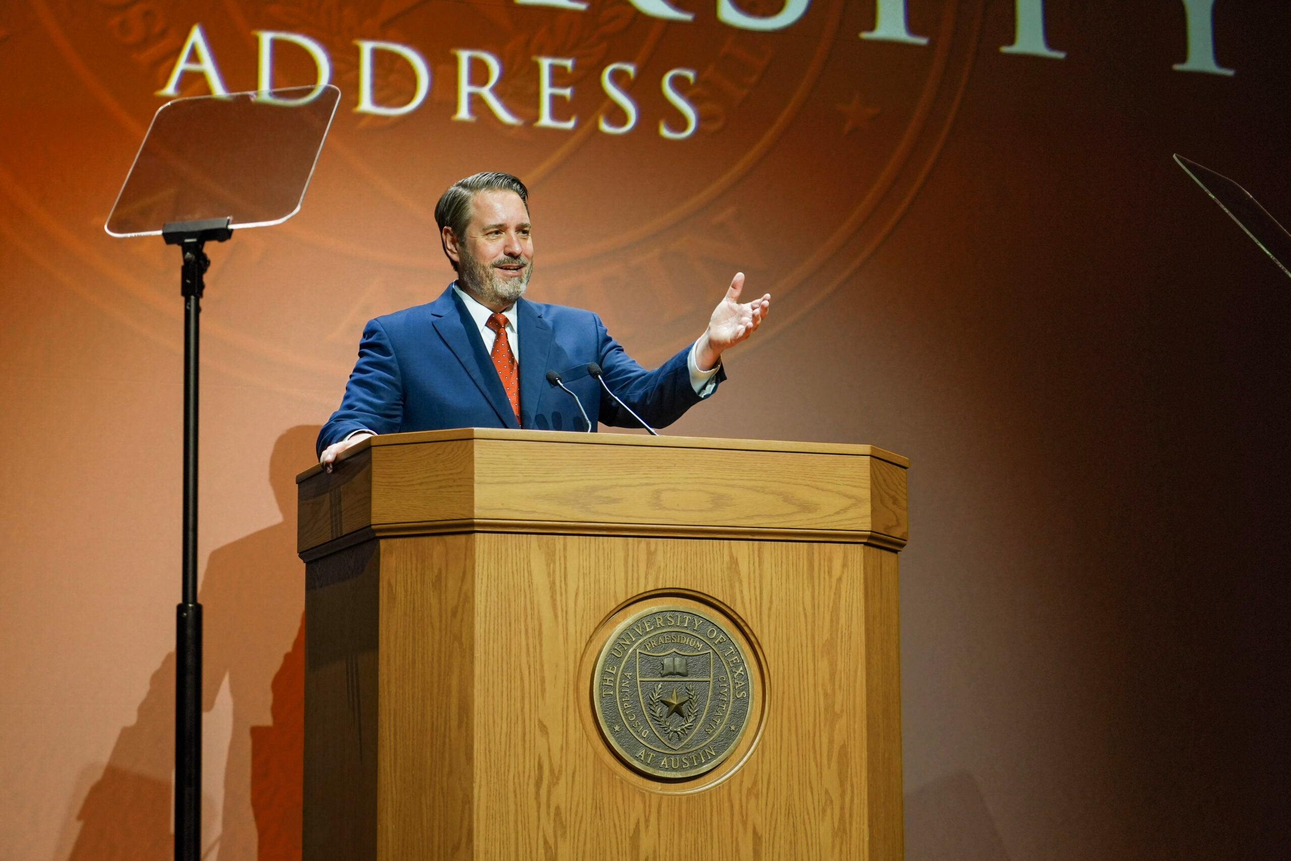President Jim Davis pictured in UT Austin’s State of the University report