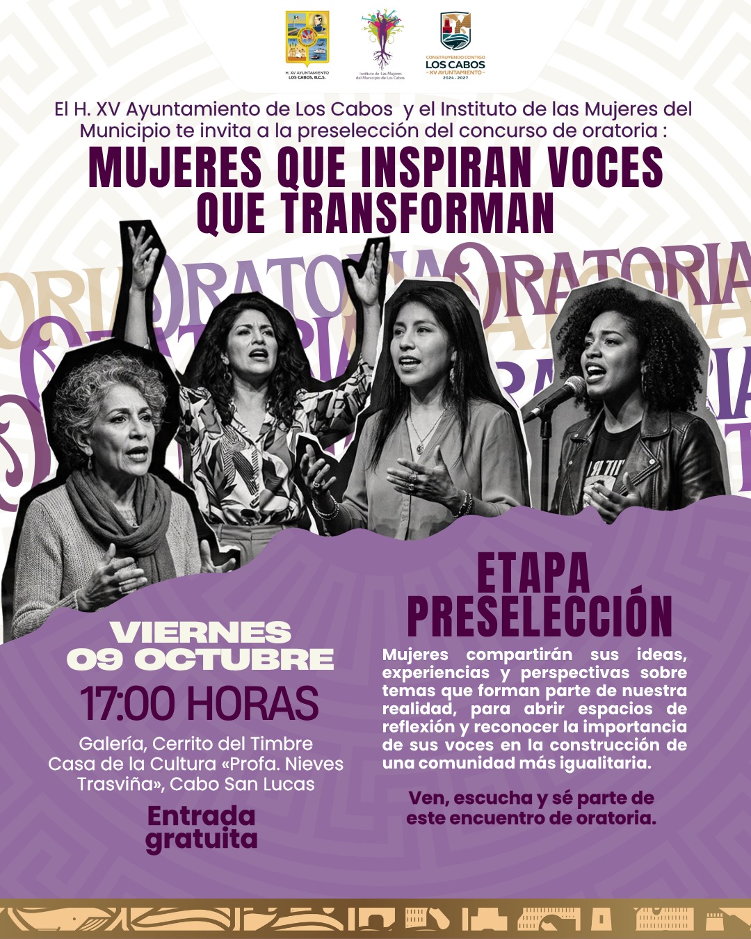 Invita Instituto de las Mujeres a preselección del concurso Mujeres que inspiran, voces que transforman en Cabo San Lucas
