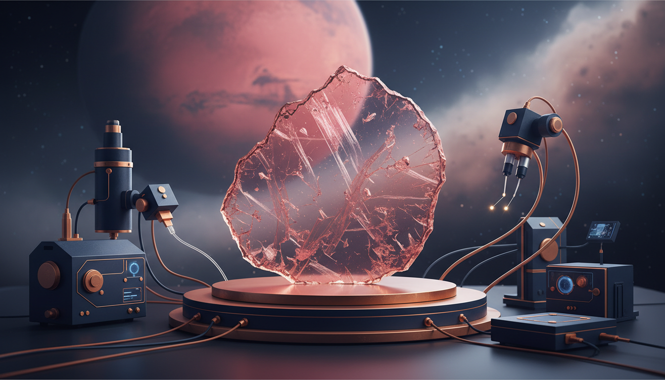 Ilustración conceptual de un meteorito marciano rosado estudiado en laboratorio