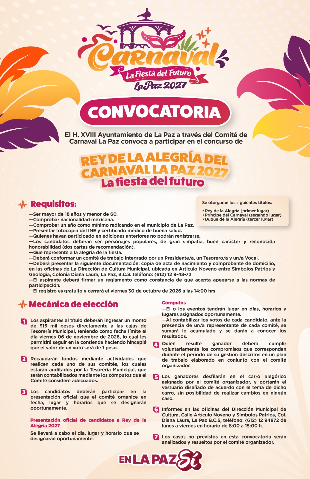 Abren convocatoria para Reyes Infantiles del Carnaval La Paz 2027