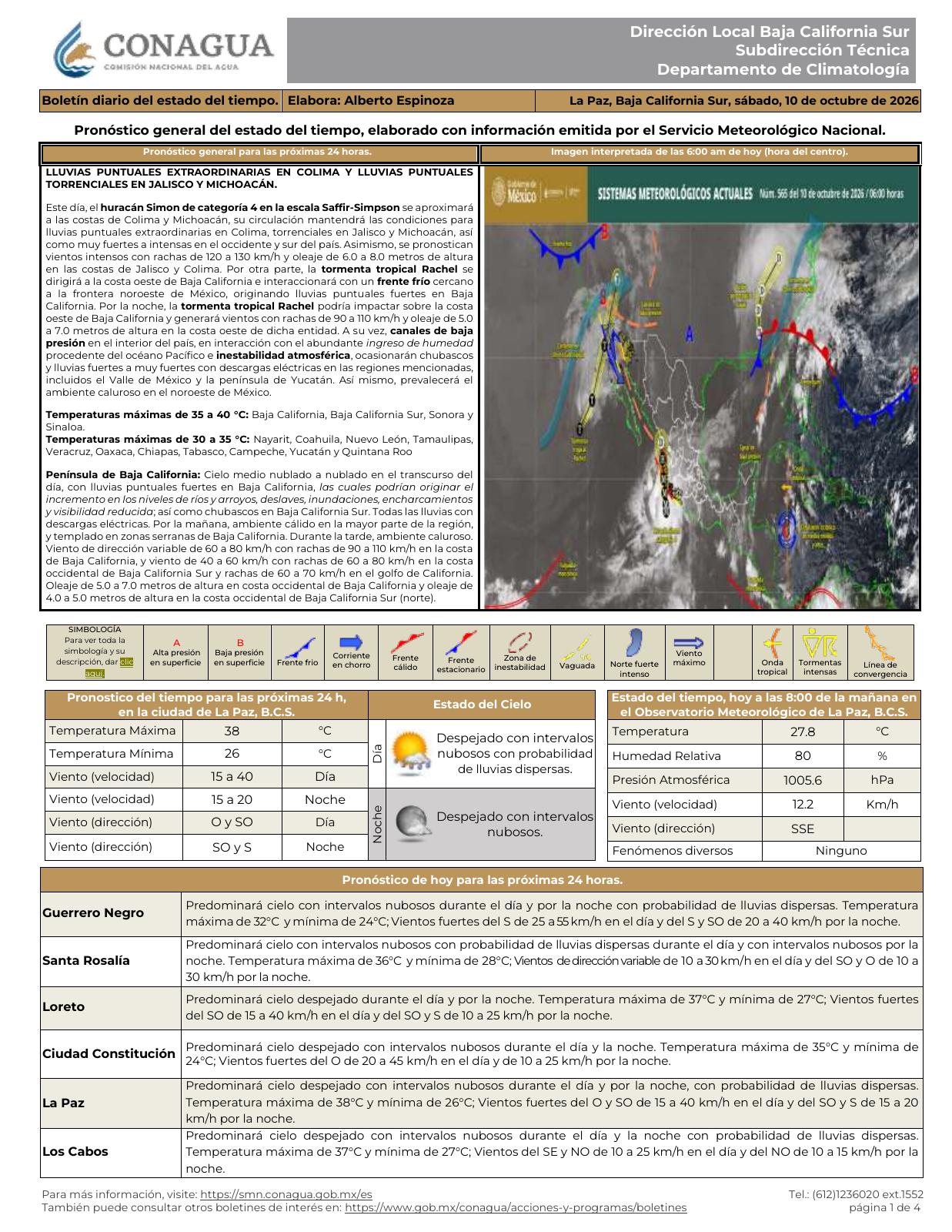 CONAGUA prevé lluvias dispersas en La Paz y Los Cabos en su boletín del 10 de octubre