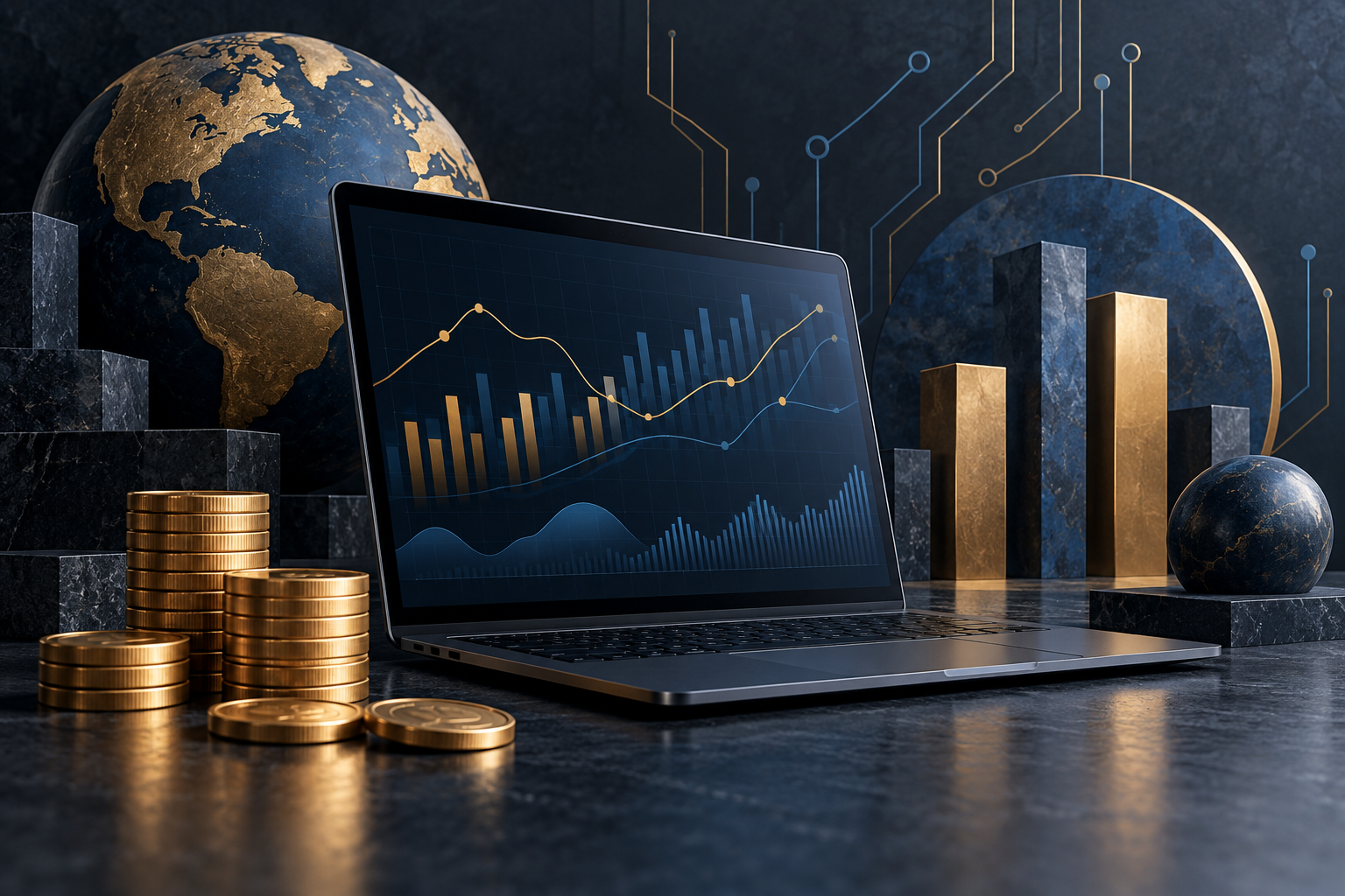 Ilustración conceptual de mercados financieros con una computadora y monedas